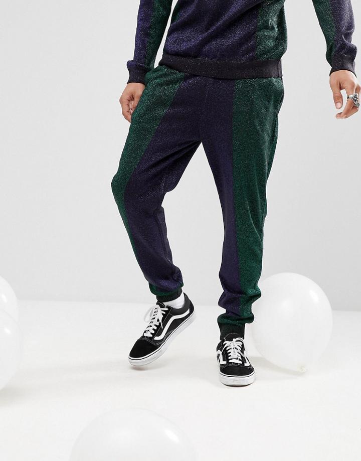 Asos Knitted Co-ord Color Block Joggers In Metallic Yarn - Navy