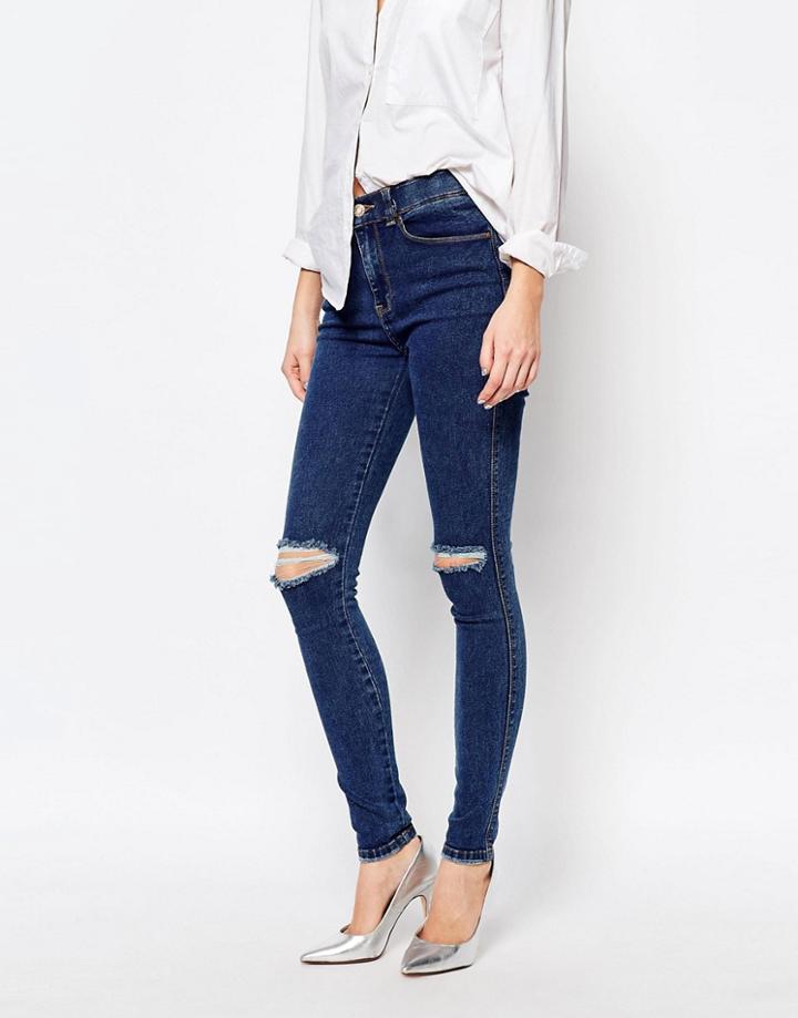 Dr Denim Lexy 4 Pocket High Waist Skinny Jeans With Ripped Knee - Blue