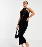 Asos Design Tall Velvet Halter Cross Front Maxi Dress In Black