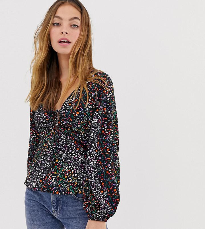 Asos Design Petite Long Sleeve Tea Blouse With Ruched Detail In Ditsy Floral Print-multi