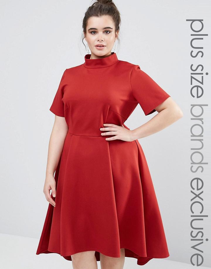 Closet Plus High Neck Short Sleeve Midi Dress With Hi Lo Hem - Red