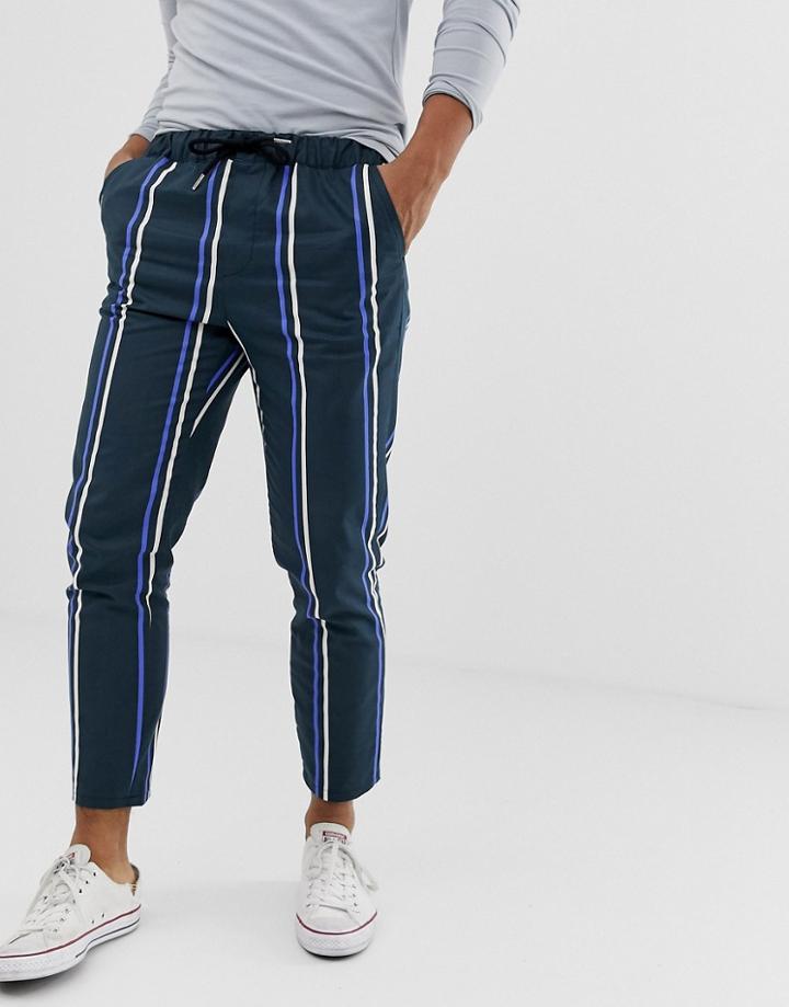 Asos Design Skinny Cropped Pants In Navy Stripe With Drawstring Waist-black