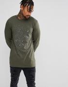 Asos Longline Long Sleeve T-shirt With Splatter Print - Green