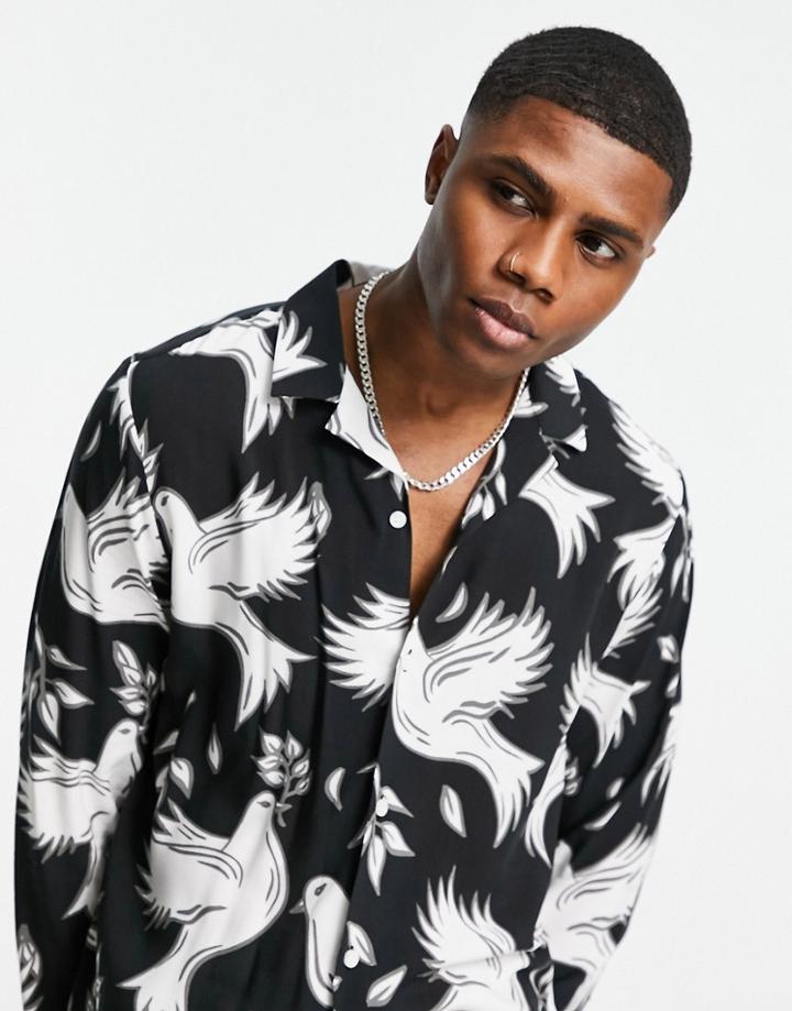 Asos Design Regular Revere Shirt With Bird Print In Black