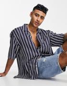 Gant Lyocell Stripe Short Sleeve Camp Shirt In Navy