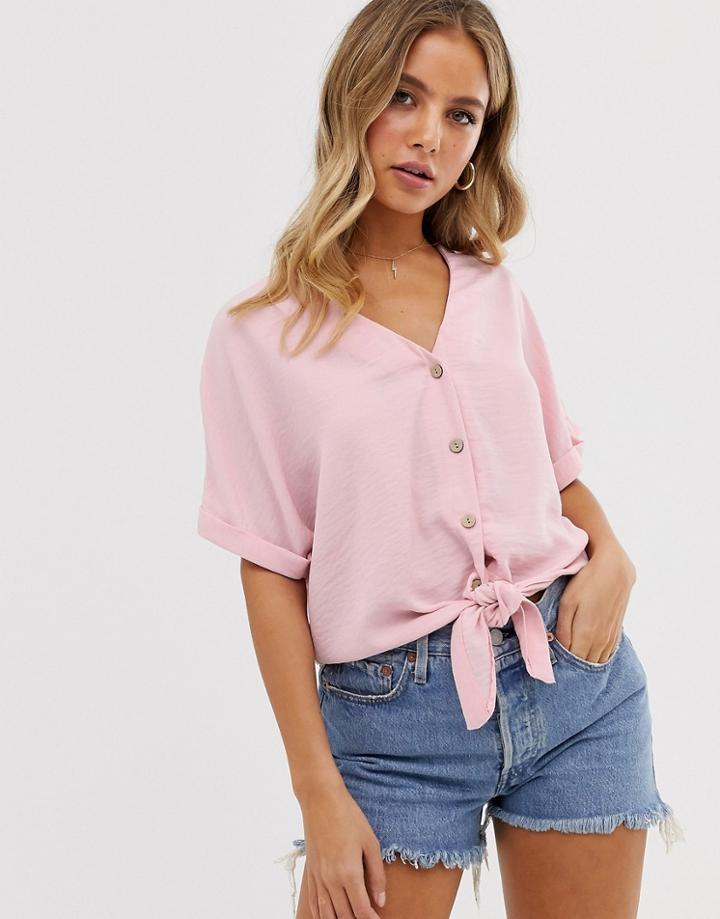 New Look Button Down Tie Front Tee In Pastel Pink