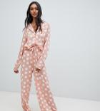 Asos Design Tall Polka Dot Pyjama Shirt And Wide Leg Set 100% Modal - Pink
