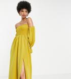 Asos Design Tall Shirred Bardot Blouson Sleeve Prom Midi Dress In Chartreuse-green