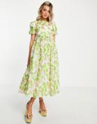 Dream Sister Jane Lime Green Floral Jacquard Midi Smock Dress