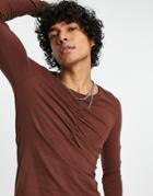 Asos Design Long Sleeve Muscle Fit T-shirt With Ruching In Brown