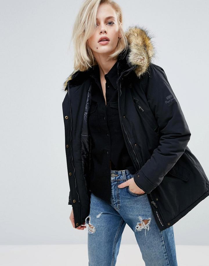 Pepe Jeans Olympia Faux Fur Trim Parka Coat - Black