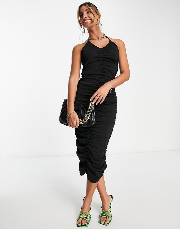Unique21 Ruched Midi Dress In Black