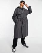 Asos Design Oversized Trench Coat In Charcoal With Black Faux Leather Hood-grey