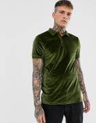Asos Design Polo Shirt In Velour In Khaki - Green