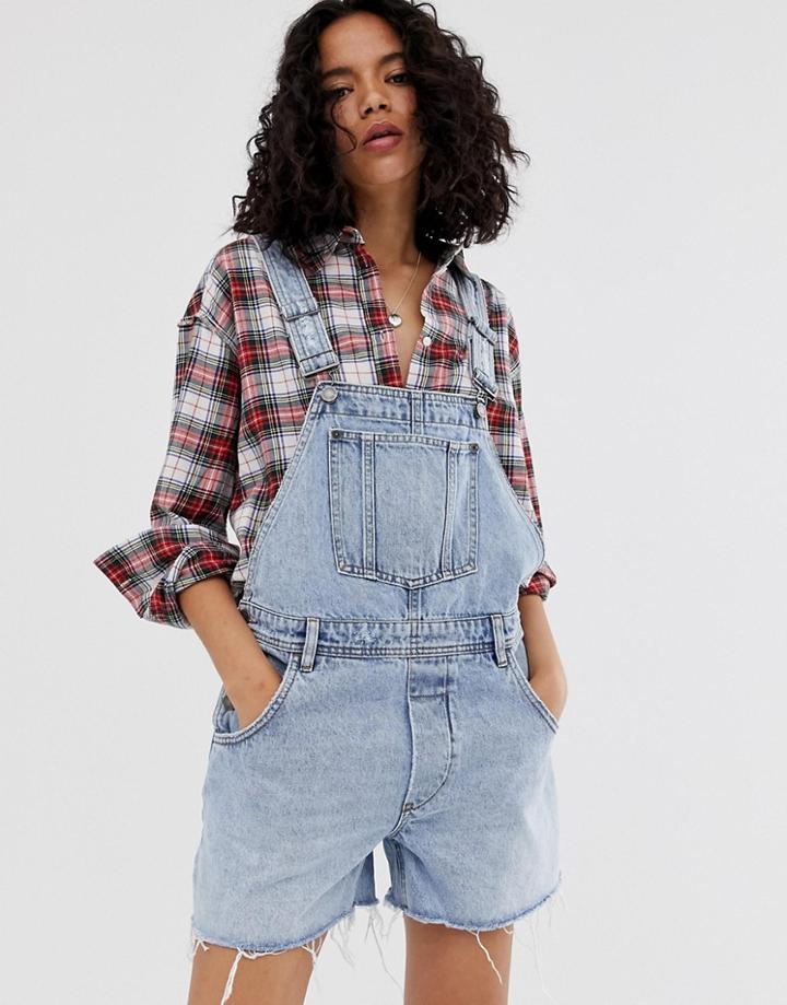 Cheap Monday Recycled Chore Denim Overall Shorts With Raw Hem-blue
