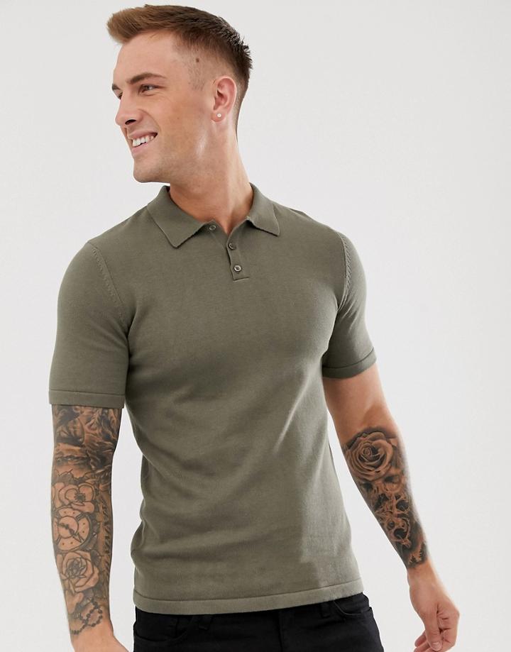 Asos Design Knitted Polo Shirt In Khaki - Green