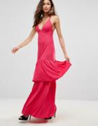 Club L Plunge Neck Ruffle Layer Detail Maxi Dress - Red