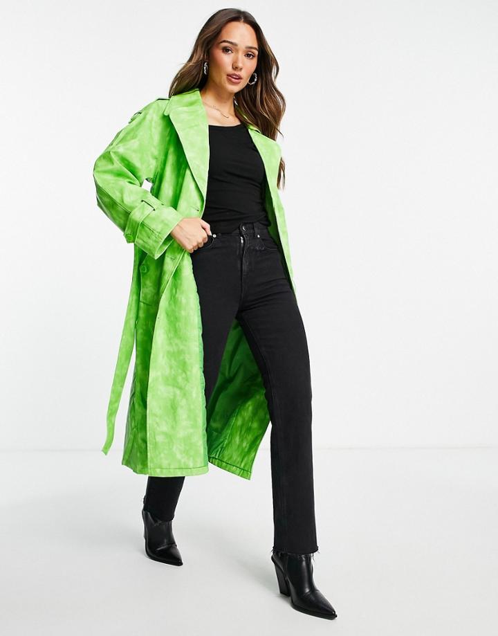 Topshop Tie Dye Pu Trench Coat In Green