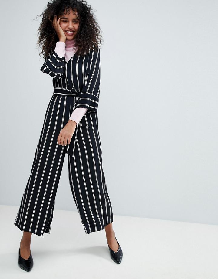 Monki Striped Wrap Front Jumpsuit - Black