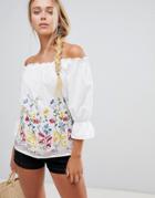 Qed London Off Shoulder Embroidered Top - White
