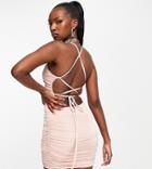 Missguided Slinky Ruched Mini Dress With Tie Back In Pink