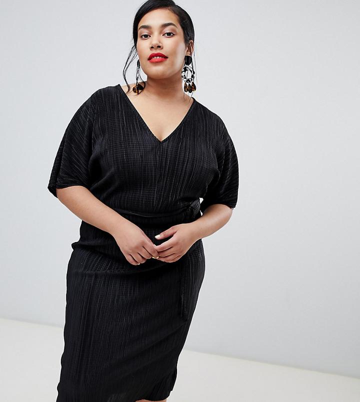 River Island Plus Plisse Kimono Dress In Black - Black