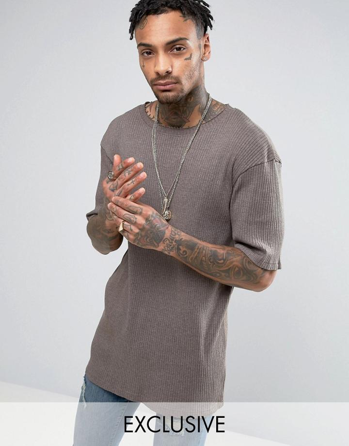 Mennace Longline Ribbed T-shirt In Light Brown - Brown