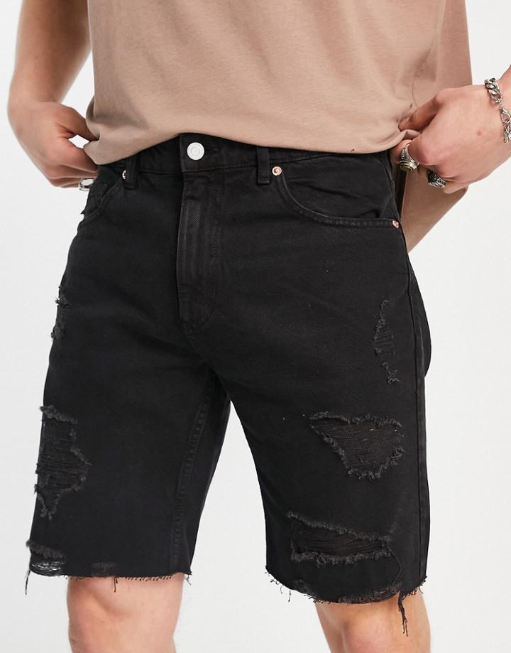Pull & Bear Garment Dyed Denim Shorts In Black