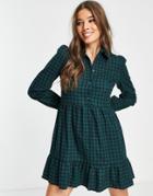 New Look Collared Button Through Smock Dress In Green Check