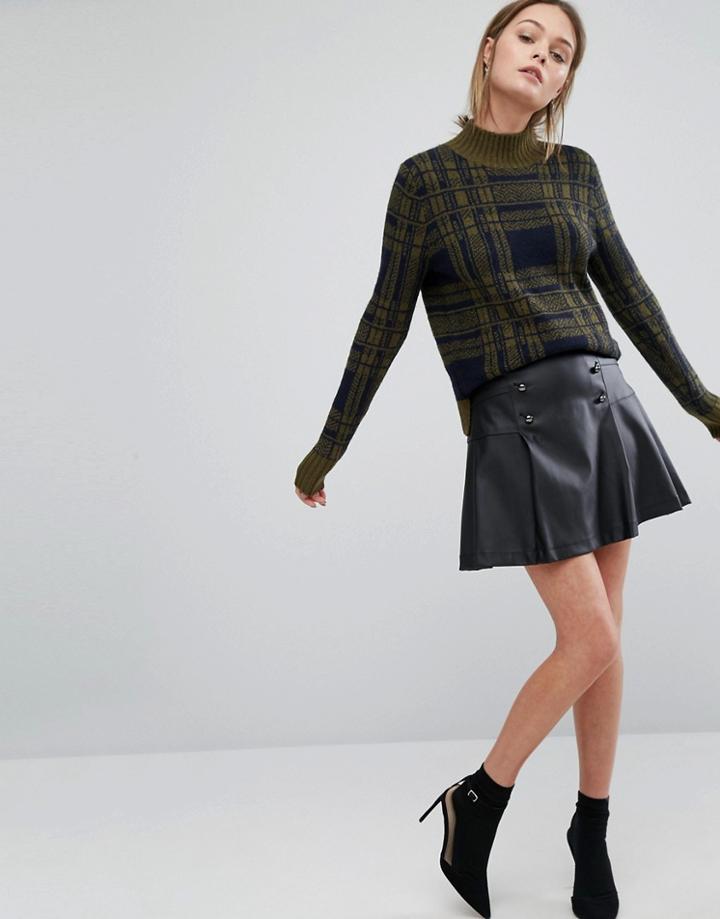Oasis Leather Look Button Front Pleated Skirt - Black