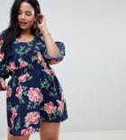 Influence Plus V Neck Floral Tea Dress With Gathered Sleeve - Blue