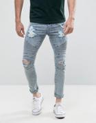 New Look Skinny Biker Jeans With Extreme Rips In Light Wash - Blue