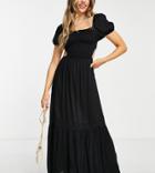Esmee Exclusive Puff Sleeve Beach Dress With Sherring Detail In Black
