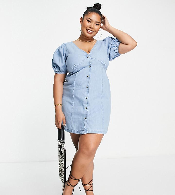 Asos Design Curve Soft Denim Seamed Mini Tea Dress In Mid Wash-blue