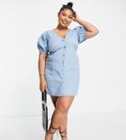 Asos Design Curve Soft Denim Seamed Mini Tea Dress In Mid Wash-blue