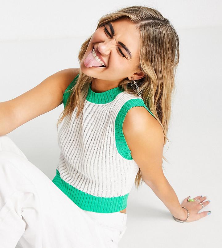 Collusion Lightweight Knitted Tank In White And Green-multi