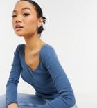 River Island Petite Long Sleeved Scoop Neck T-shirt In Blue-blues