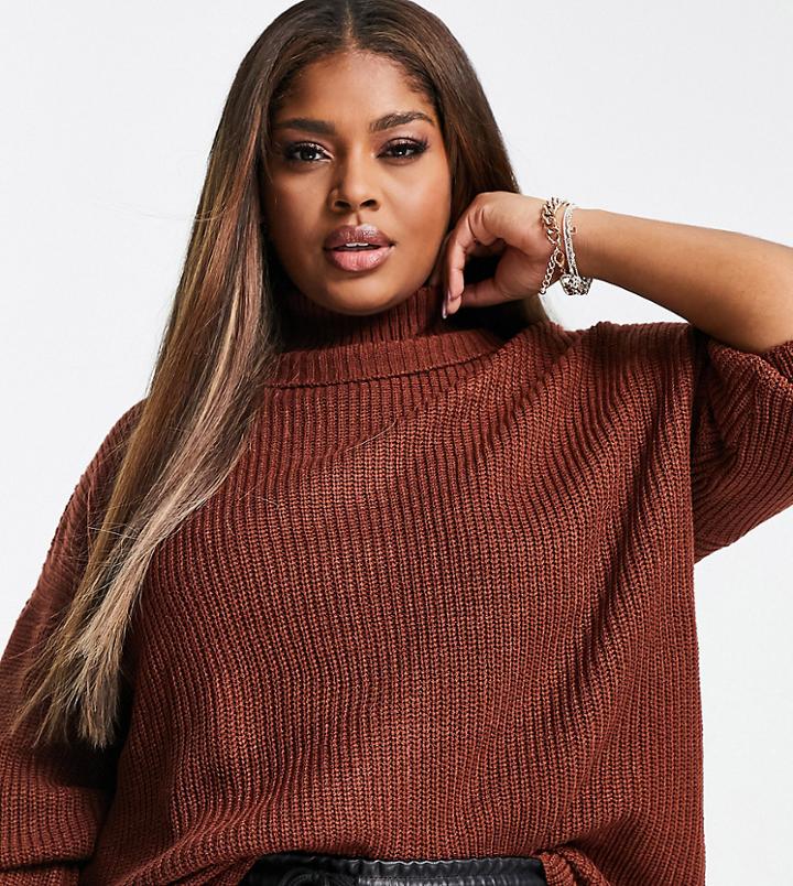 Threadbare Plus Marina Oversized Roll Neck Sweater In Chocolate Brown