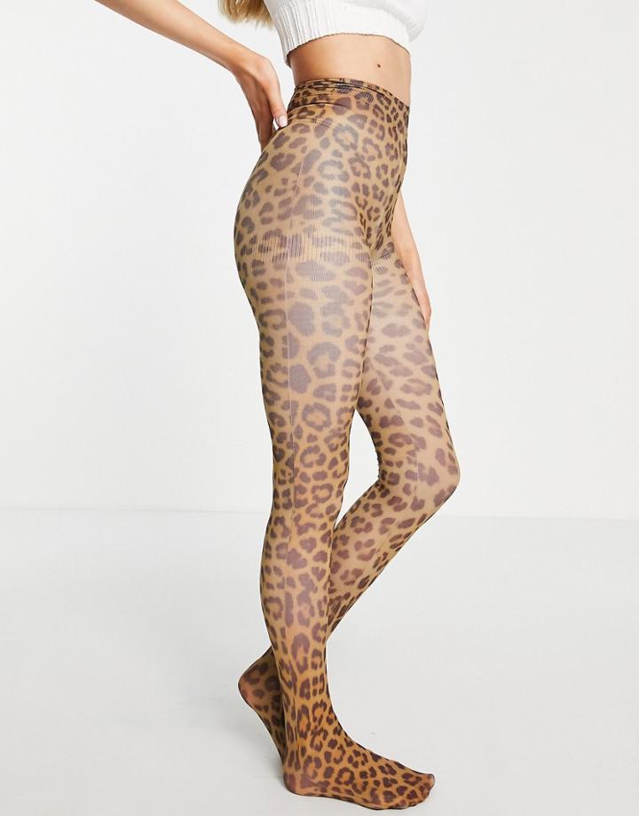 Asos Design Printed Tights In Leopard-multi