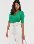 Miss Selfridge V Neck Top With Collar In Green - Green