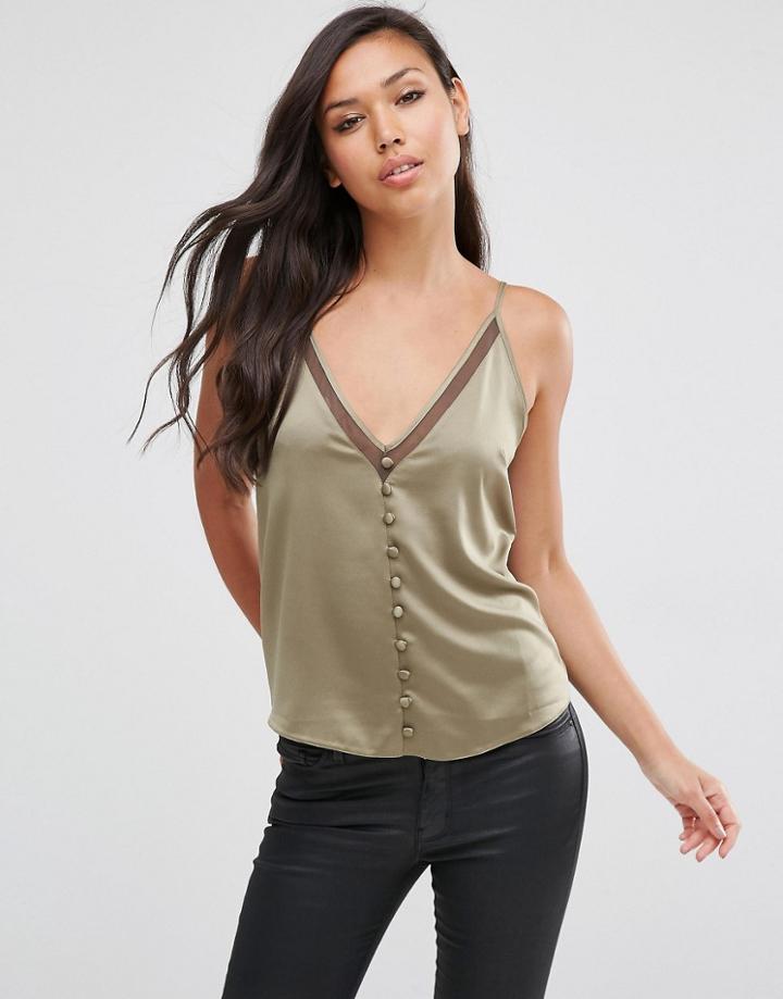 Asos Satin Deep V Cami With Button Front - Green