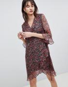 Selected Femme Printed Wrap Dress With Ruffles-multi
