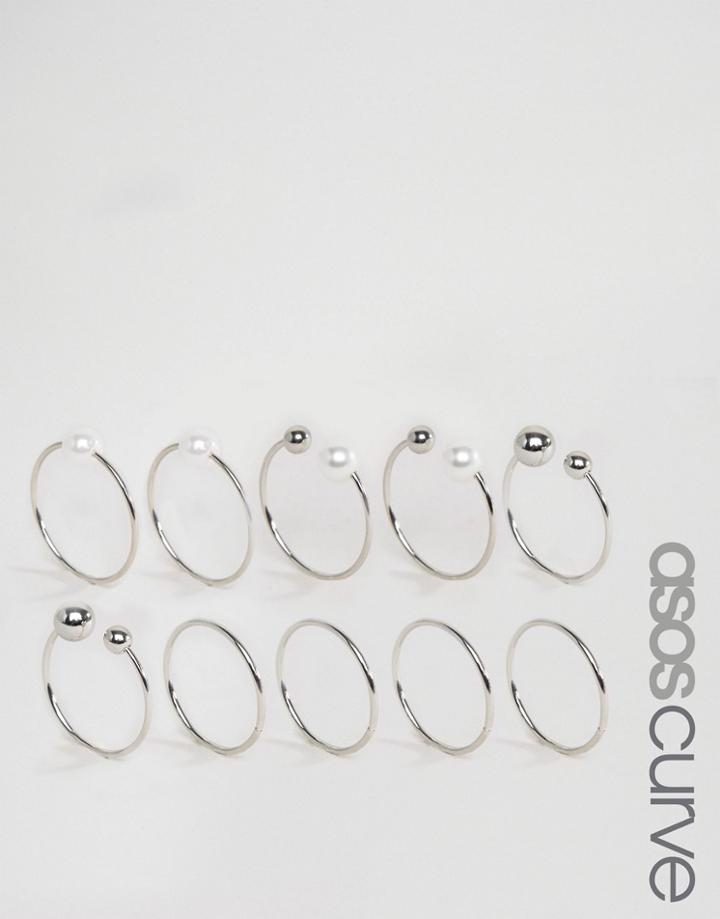 Asos Curve Pack Of 10 Faux Pearl Open & Mixed Rings - Silver