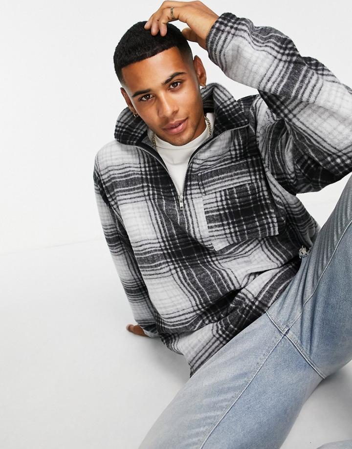 Topman Oversized Textured Check Half Zip Sweatshirt In Black