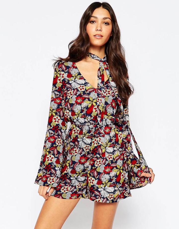 Vero Moda Paisley Print Romper With Neck Tie - Total Eclipse