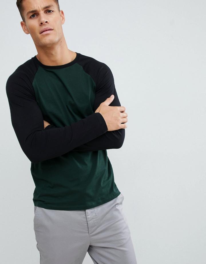 Asos Design Long Sleeve T-shirt With Contrast Raglan In Khaki - Green