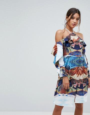 Aeryne Cold Shoulder Printed Midi Dress With Thigh Split-multi
