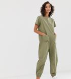 Na-kd Harem Style Short Sleeve Jumpsuit In Khaki