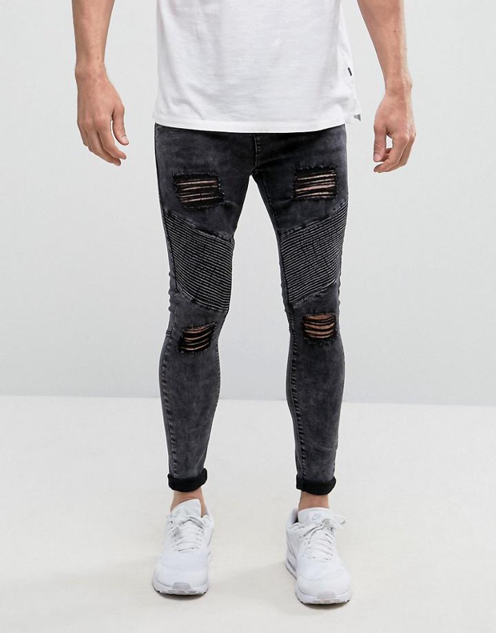Siksilk Super Skinny Biker Jeans With Distressing - Black