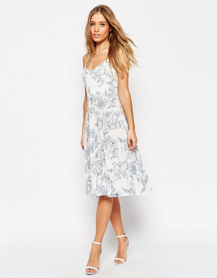 Asos Pleated Midi Dress In China Blue Print - Cream